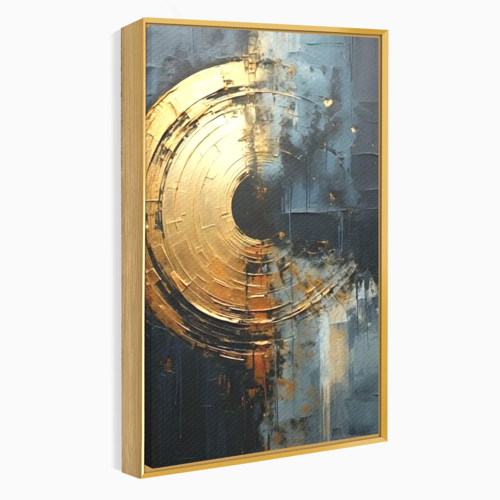 Tablou canvas cu tablou abstract cu cerc auriu, in rama de aluminiu auriu